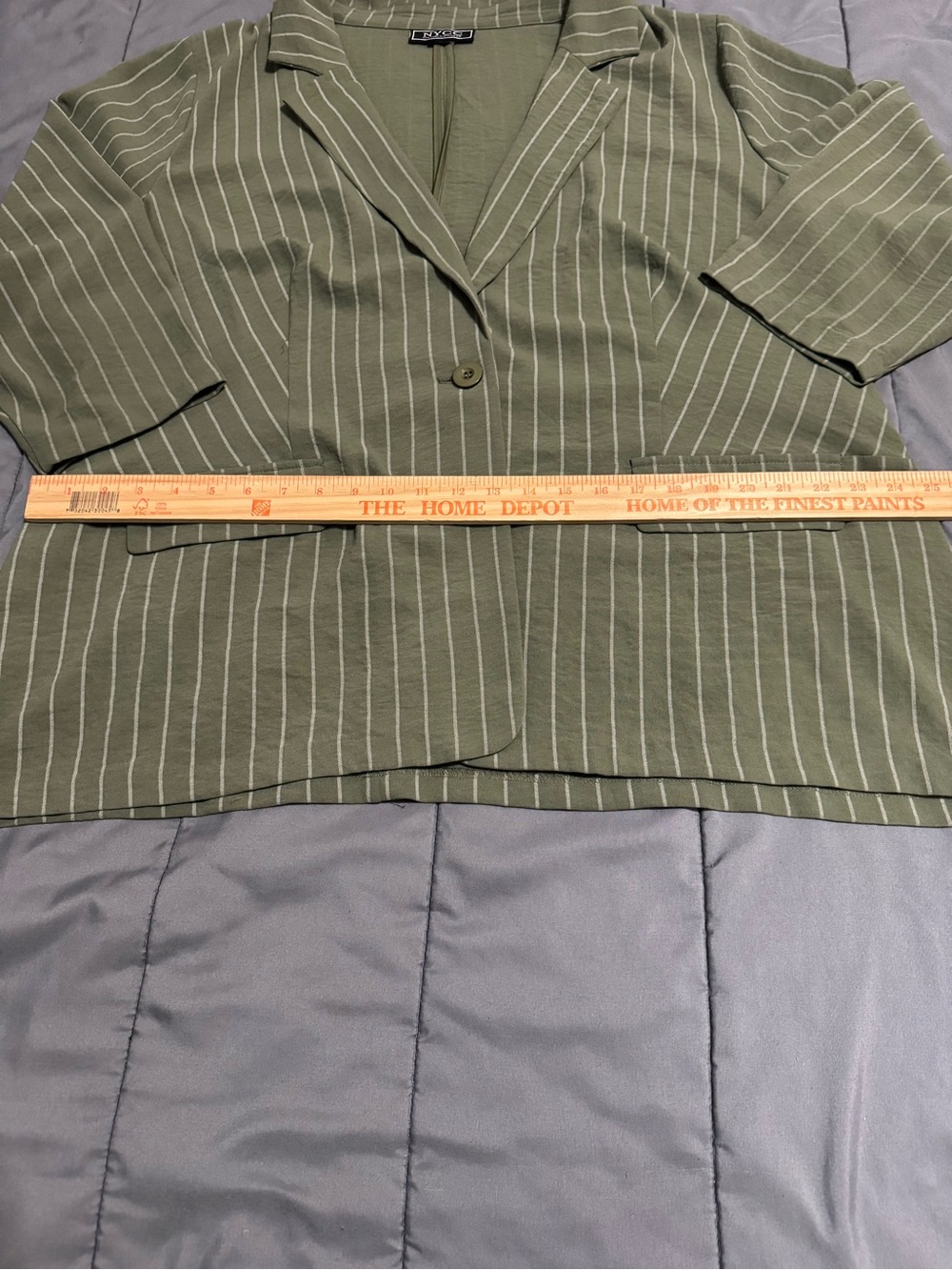 New York & Company Olive Pinstripe Single-Button 3/4 Sleeve lightweight Blazer - Picture 4 of 5